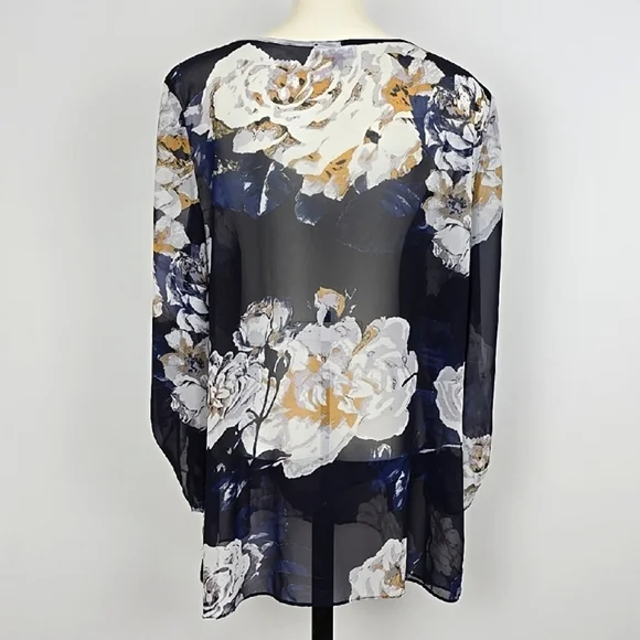 LAURA Women's Semi Sheer Blouse Top Blue Large White Floral Print Flowy Size XL - Picture 2 of 15